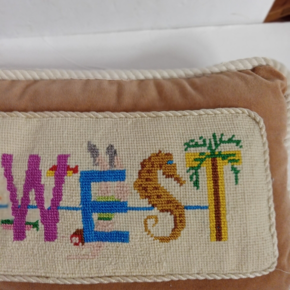 Vintage KEY WEST Accent Pillow Velveteen w/ Cross-Stitch Topping & Rope Edges He - Picture 5 of 8
